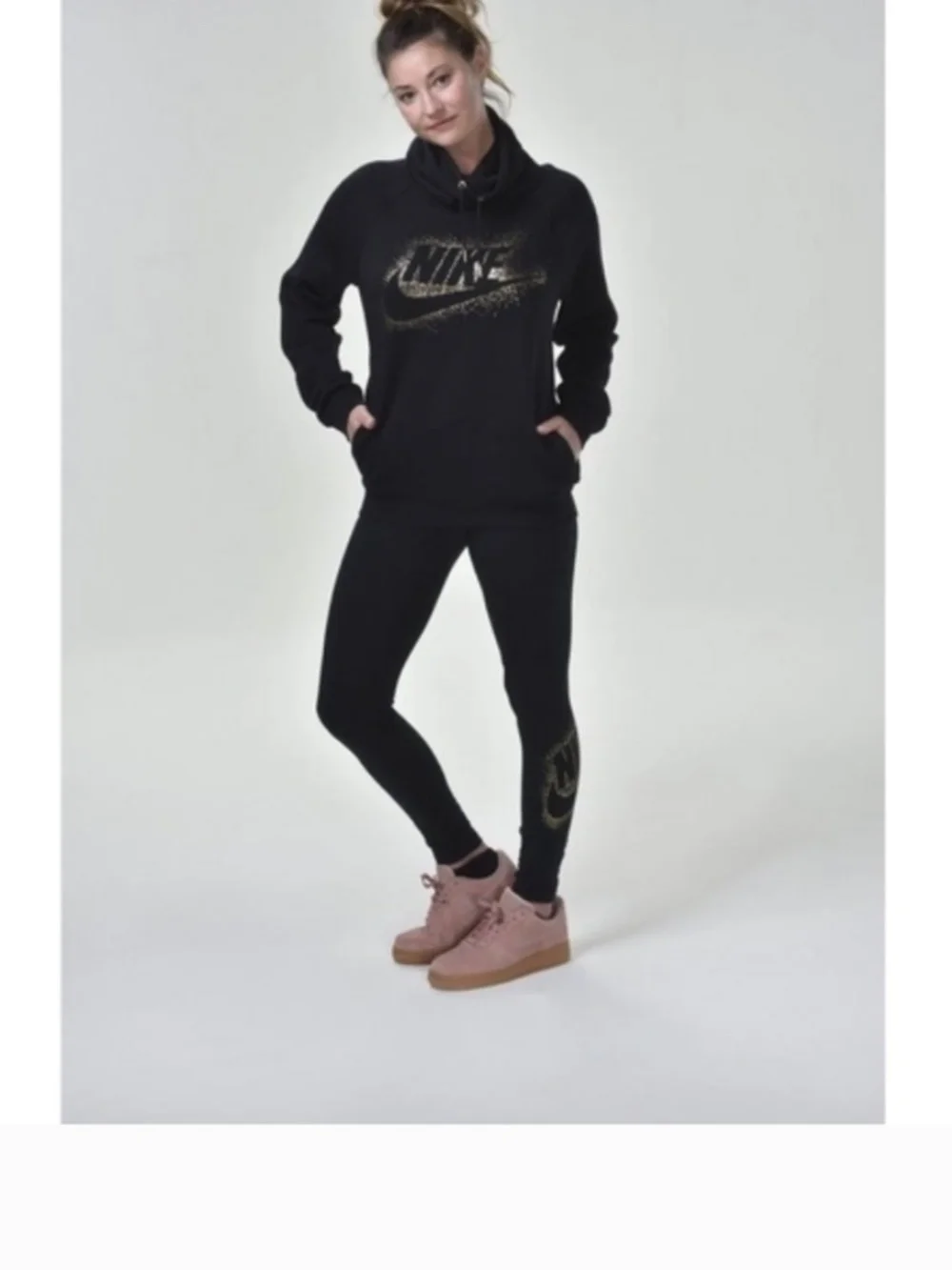 Nike Sportswear Rally Black and Gold Metallic Funnel Neck Hoodie Size Medium